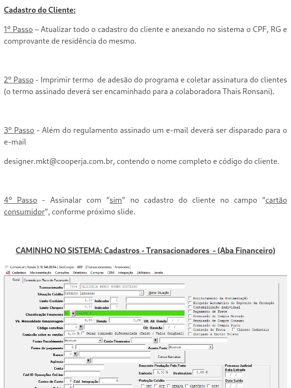 Operacionalizando o Programa Cooperja + / Cadastro do Cliente